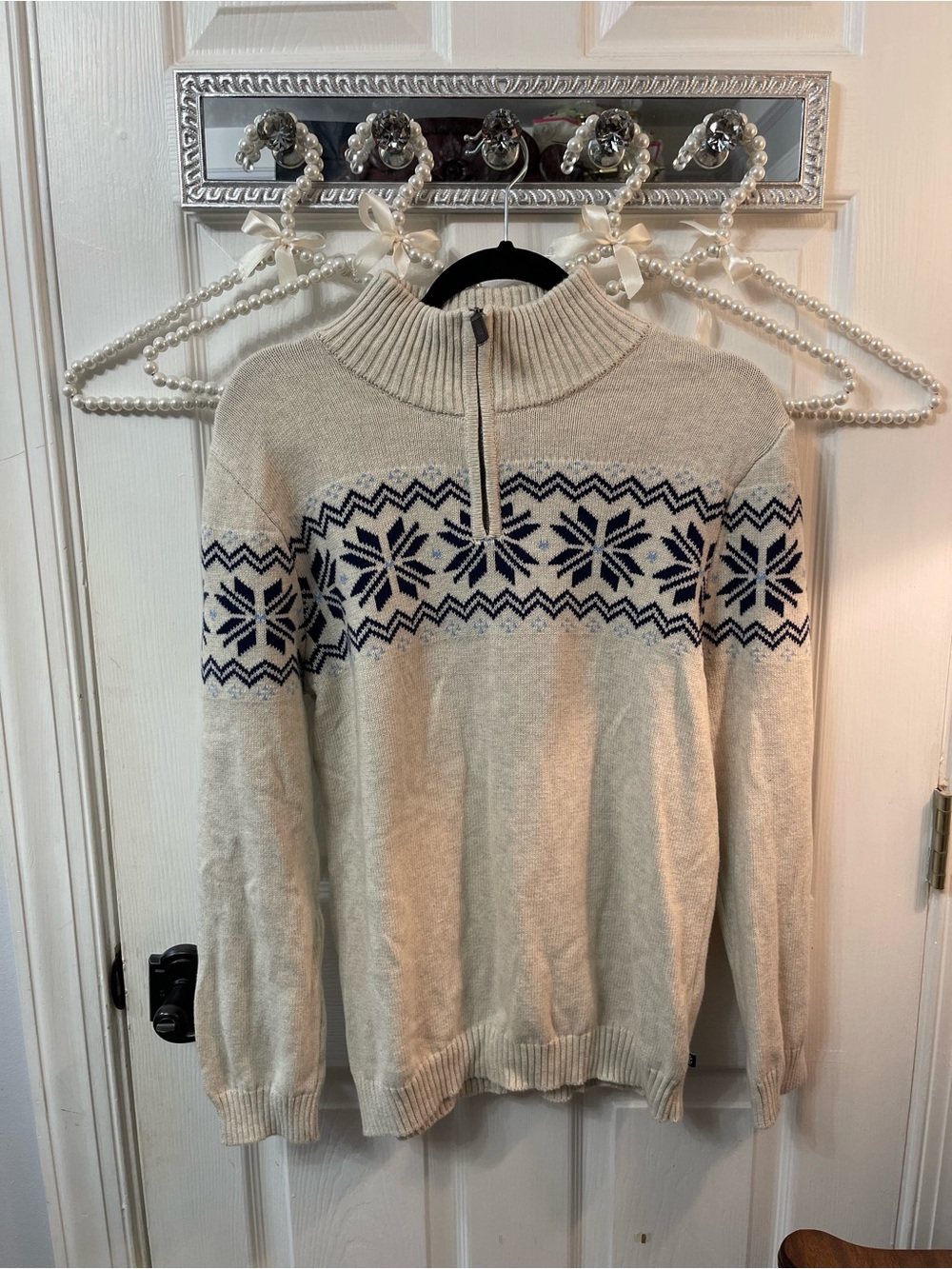 Izod Cream Zip-Up Sweater with Navy Fair Isle Pattern